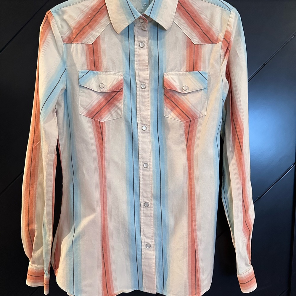 Sherry Cervi Women’s Striped Button-Front Shirt in Coral & Sky Blue